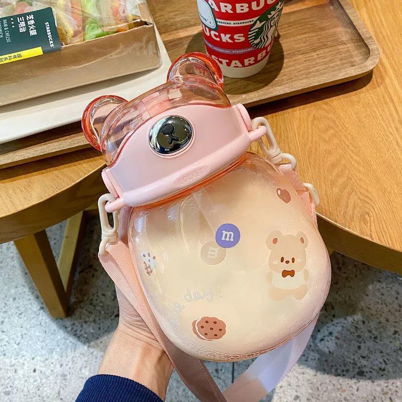 【001】1400ml belly Bear Plastic Straw Cup Lovely Outdoor Portable Travel Water Bottlewith 5 freebies for diy (Free bottle/2 brushes/Strap/3Dstickers/glue)