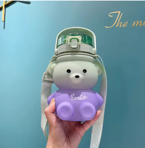 030【BPA FREE】1000ML/1400ML Gradient color Frosted Kawaii Bear Water Bottle Cute Cup