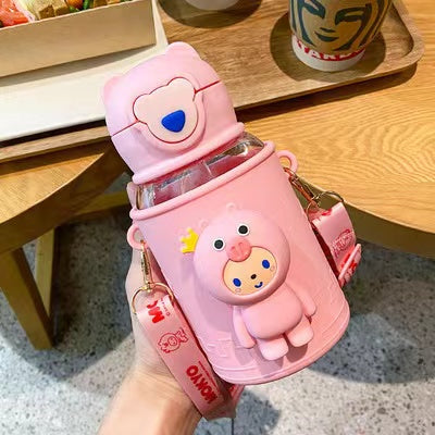 【017】600ML Kawaii Kettle Straw Water Cup Summer Large Capacity Plastic Straw Drinking Cup Cute Children Water Bottle
