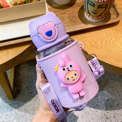 【017】600ML Kawaii Kettle Straw Water Cup Summer Large Capacity Plastic Straw Drinking Cup Cute Children Water Bottle