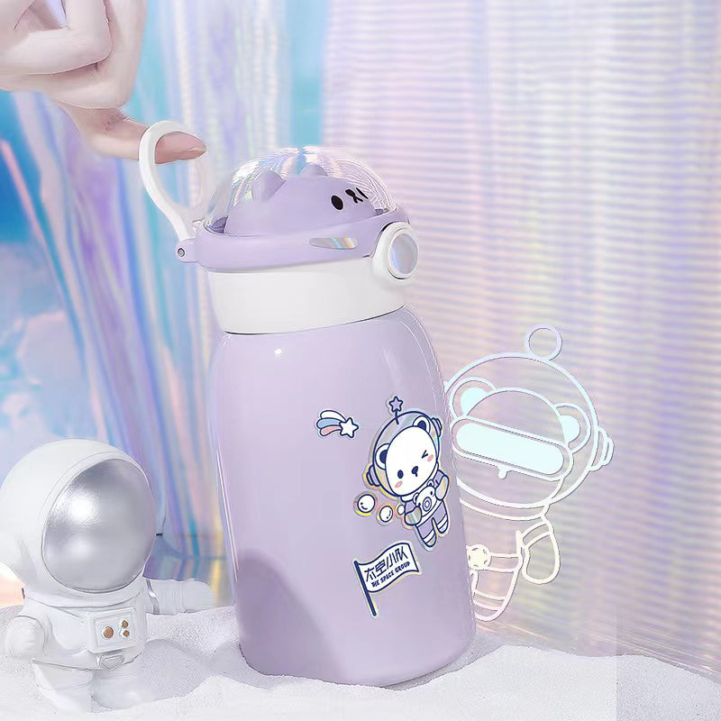 【016】500ML Astronaut Kawaii Kettle Straw Water Cup Summer Large Capacity Plastic Straw Drinking Cup Cute Children Water Bottle