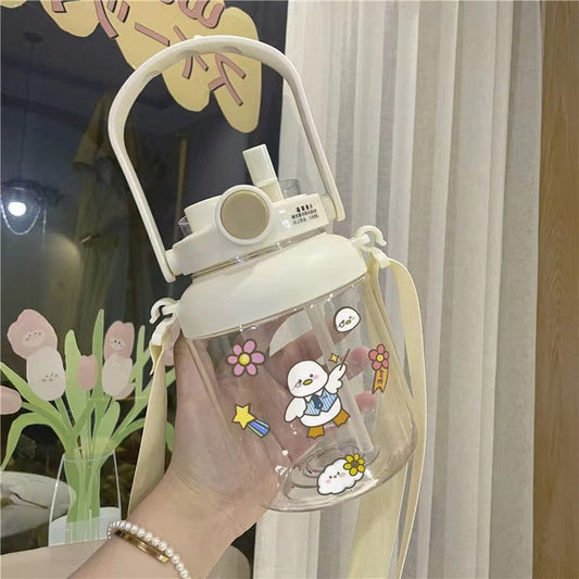 【007】1400ml 46oz bucket cute belly straw bottle with 5 freebies for diy (Free bottle/2 brushes/Strap/3Dstickers/glue)