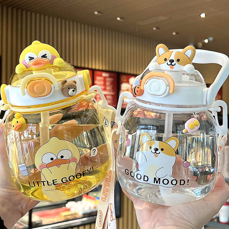 【002 Duck】1400ml 46oz Animal Water Bottles Straw BPA Free with 5 freebies for diy (Free bottle/2 brushes/Strap/3Dstickers/glue)