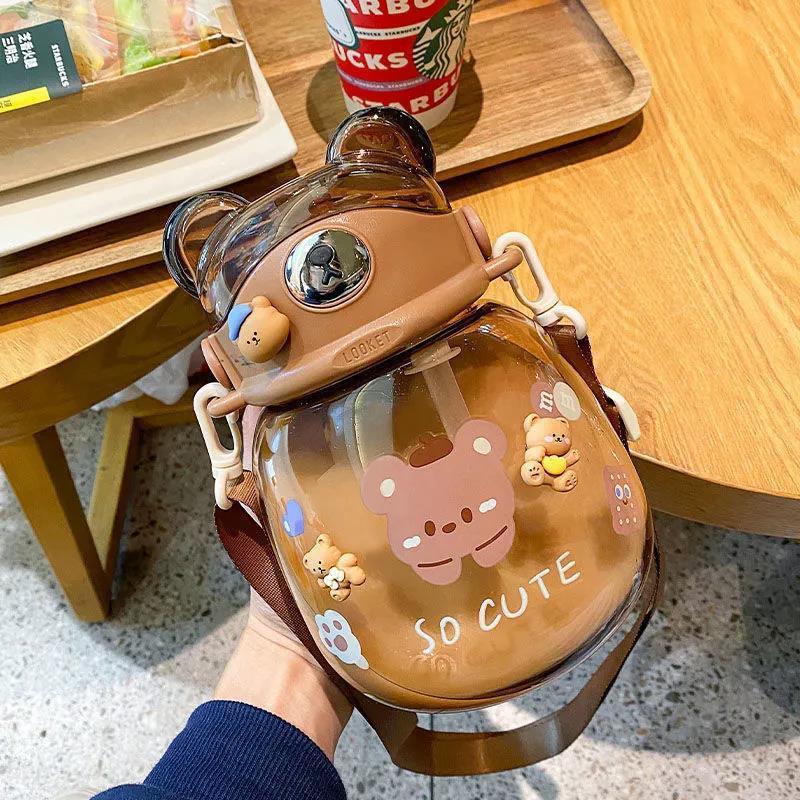 【001】1400ml belly Bear Plastic Straw Cup Lovely Outdoor Portable Travel Water Bottlewith 5 freebies for diy (Free bottle/2 brushes/Strap/3Dstickers/glue)