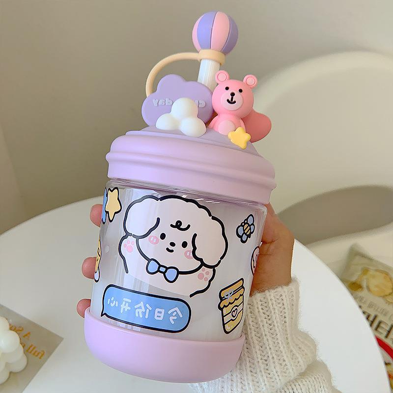 023【BPA FREE】 470ml six colors water bottle with straw leak proof  cute water bottle