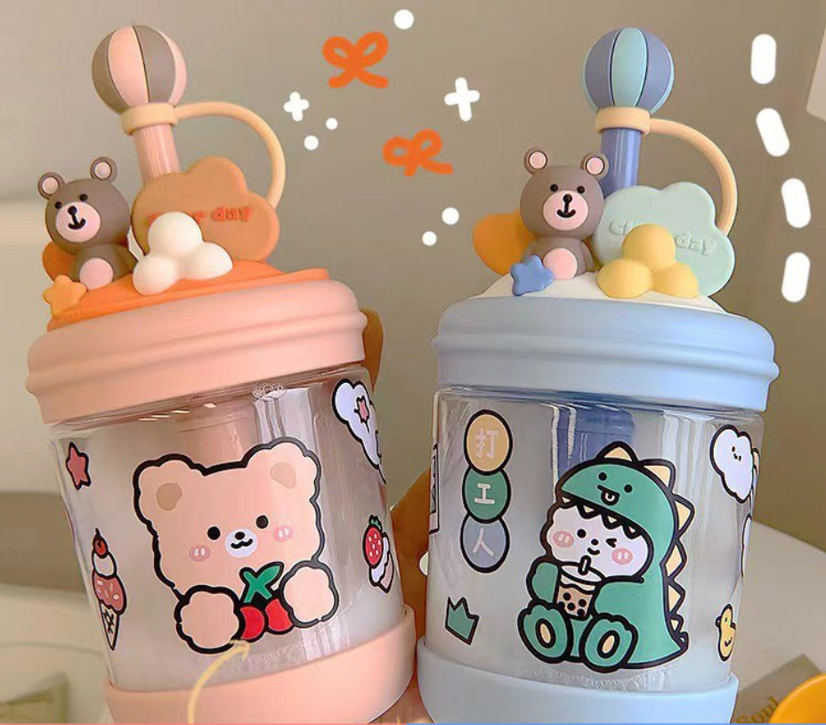 023【BPA FREE】 470ml six colors water bottle with straw leak proof  cute water bottle