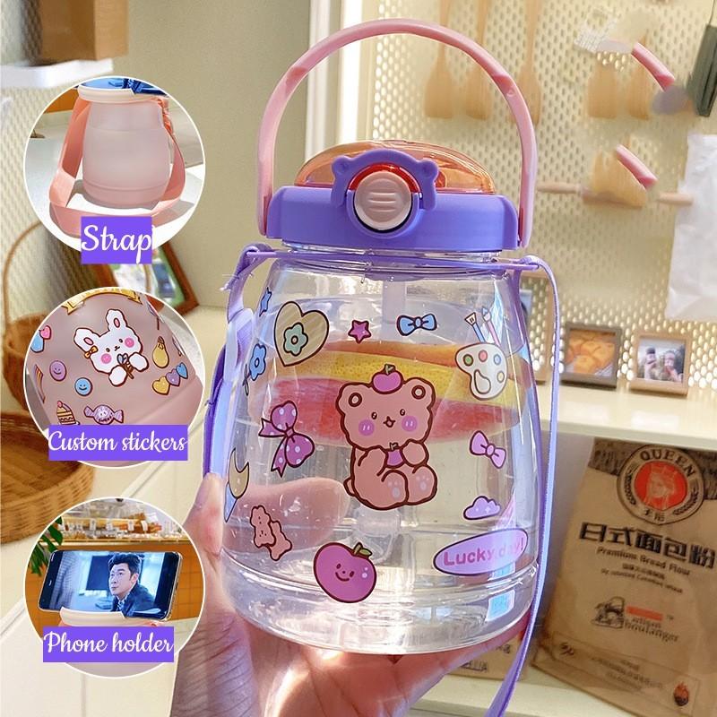 【012】1350ml 45oz Cartoon Kawaii Water Bottle with 5 freebies for diy (Free bottle/2 brushes/Strap/3Dstickers/glue)