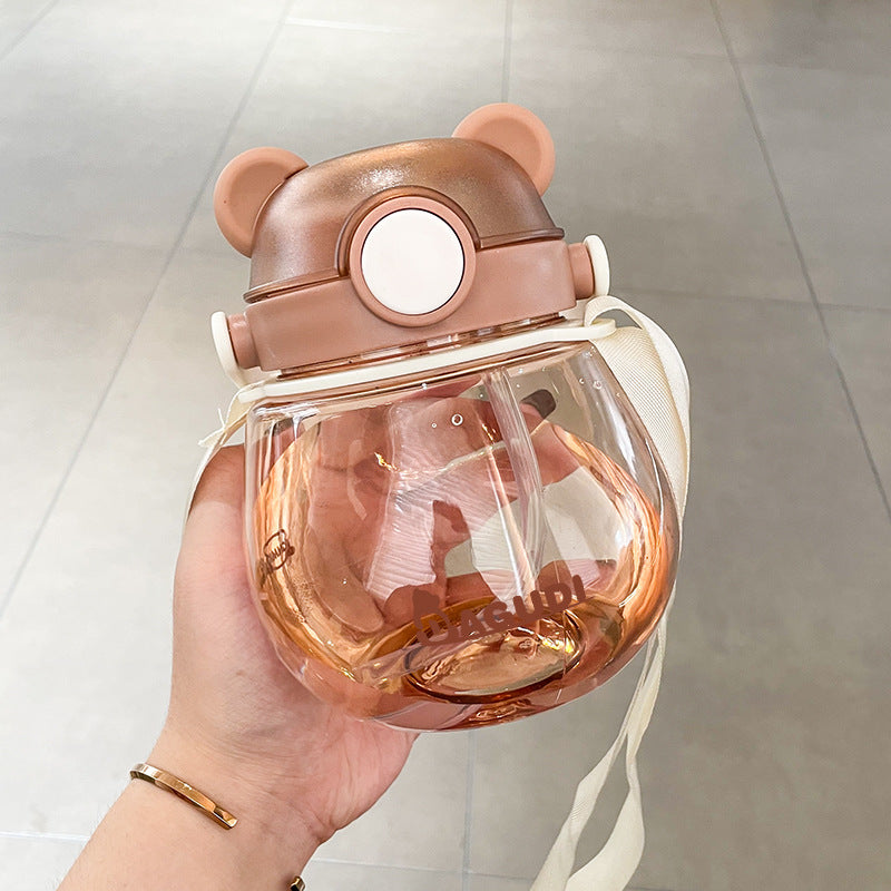 【005】800ml 26oz Cute Bear Cover Plastic Water Cup Straw Cupwith 5 freebies for diy (Free bottle/2 brushes/Strap/3Dstickers/glue)