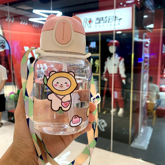 【013】300ml 10oz Kawaii Bear Pastel Water Bottle Plastic Travel with 5 freebies for diy (Free bottle/2 brushes/Strap/3Dstickers/glue)