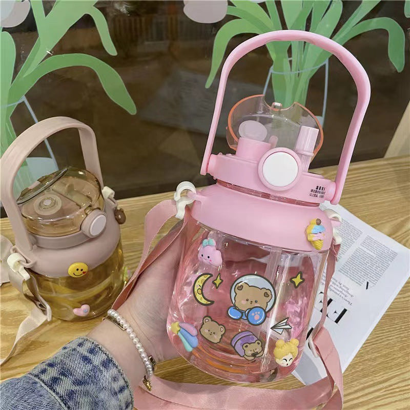 【007】1400ml 46oz bucket cute belly straw bottle with 5 freebies for diy (Free bottle/2 brushes/Strap/3Dstickers/glue)