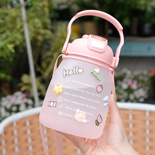【011】1500ml Big Belly Gym sports water Bottle with Stickers Straw with 5 freebies for diy (Free bottle/2 brushes/Strap/3Dstickers/glue)